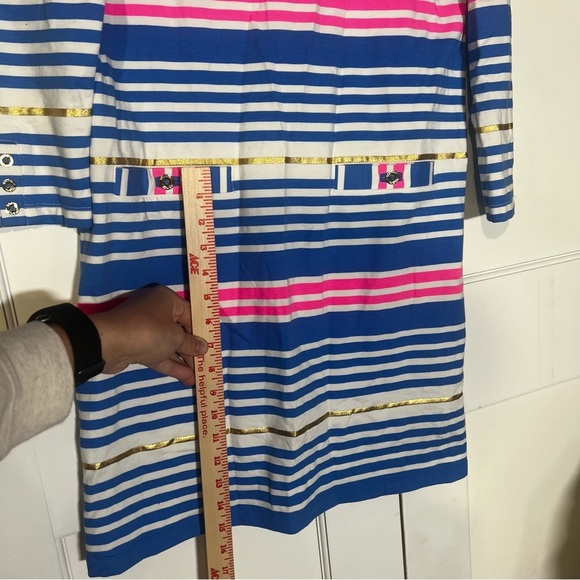 Lilly Pulitzer Lena Tiki Dress Striped Lapis Blue Pink White Gold Buttons Small - Picture 10 of 14